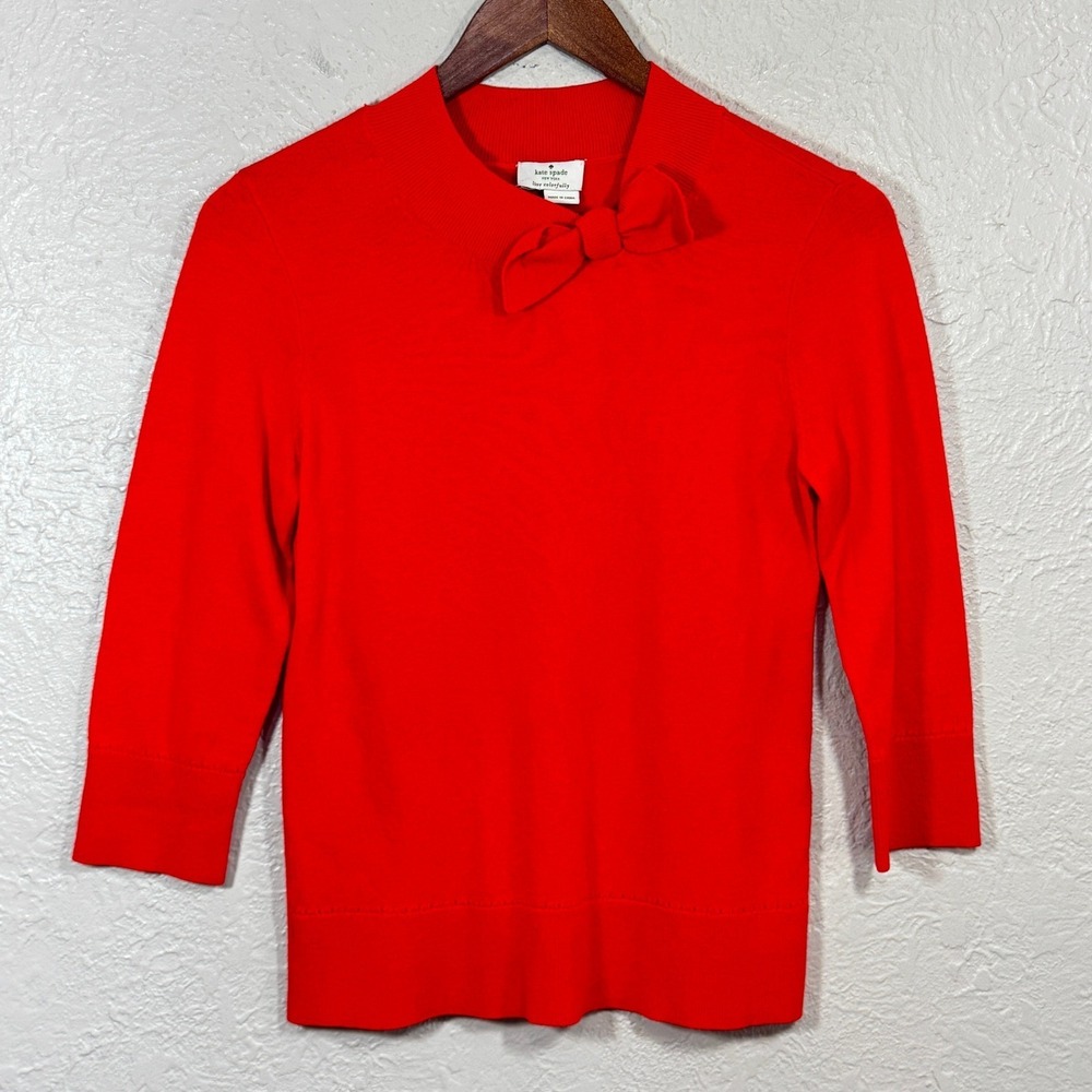 Kate Spade Sweater XS Bow-Neck Wool Cashmere Orange Old Money Quiet Luxury Prep
